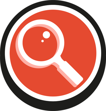 A red button with a white magnifying glass on it.