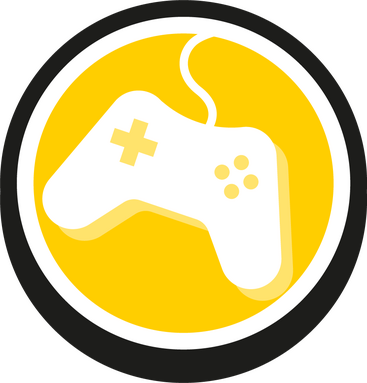 A yellow button with a white game controller on it.