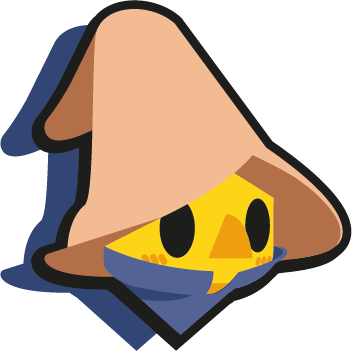 A yellow canari wearing Vivi's outfit from Final Fantasy VII: a blue robe and a long beige hat.